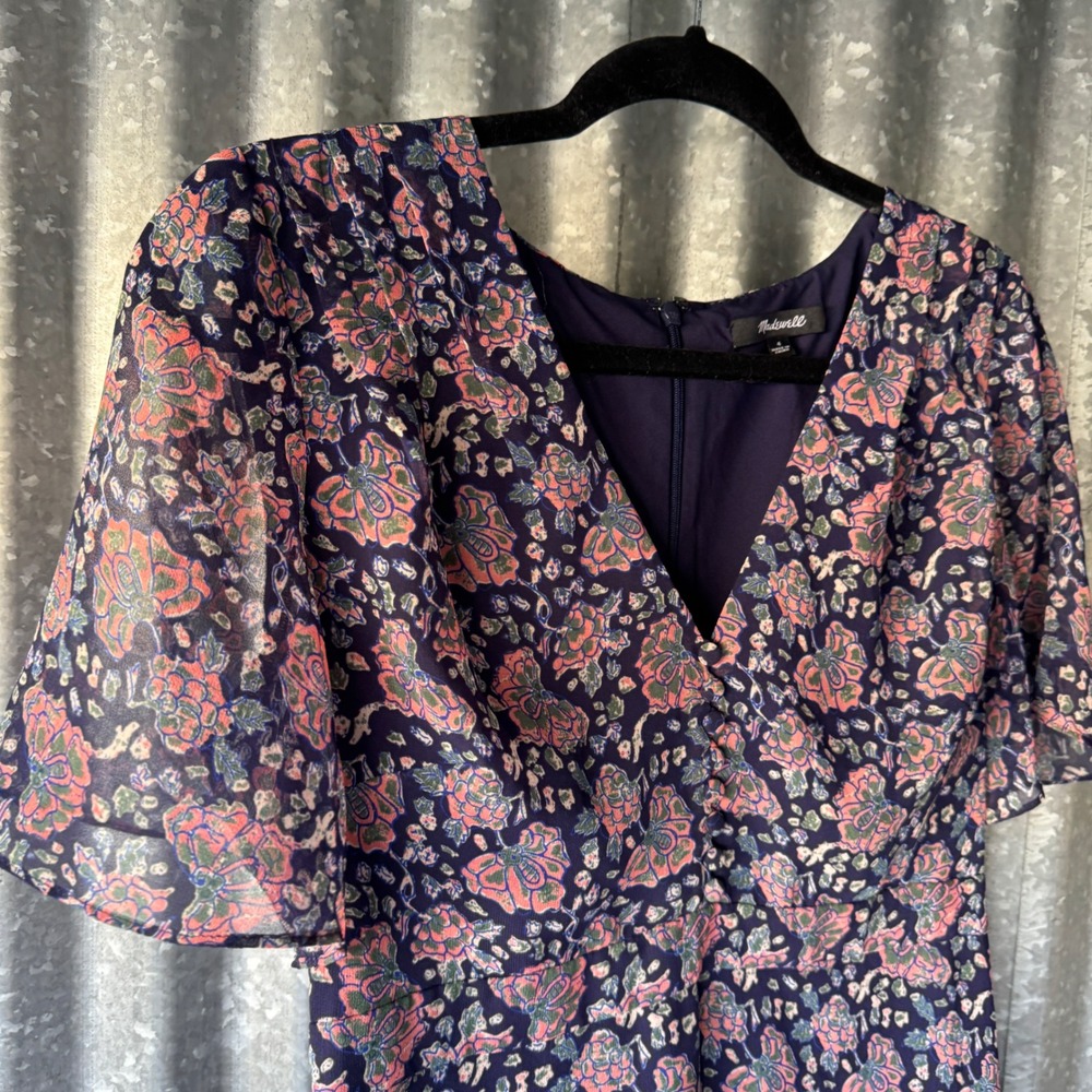 Madewell Womens Purple Floral Flutter Sleeve V-Neck Chiffon Dress Size 4 small